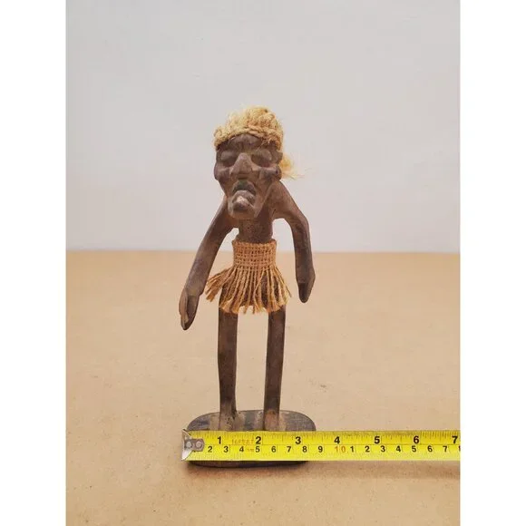 Vintage Hawaiian Carved Wood Tiki Kahuna Tribal , Hemp Rope Hair and Grass Skirt - Picture 14 of 16